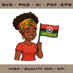 Peut inclure: Illustration de dessin animé d'une personne souriante portant une chemise rouge et un foulard coloré, tenant un drapeau. Le drapeau est rouge, noir et vert avec le mot "JUNETEENTH" et un motif d'étoile. L'image est étiquetée "SVG - PNG - AI - PDF - EPS" et "HIGH - QUALITY 300 - DPI".