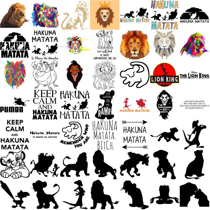 May include: A collection of Lion King-themed graphics, including lion faces, silhouettes, and text. The designs feature the phrase "Hakuna Matata" and other quotes from the movie. The images are in various colors and styles.