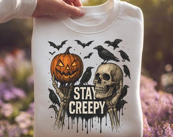Stay Creepy Halloween SVG PNG, Skeleton Hands Pumpkin Skull Ravens, Gothic Horror Digital Download