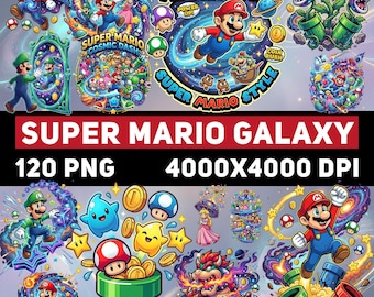 120 imagens PNG de Super Mario Galaxy | Clipart do Mario | Pacote de designs para camisetas gamer | Download instantâneo