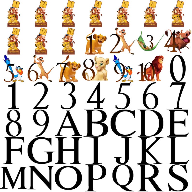 May include: A collection of cake toppers and numbers featuring characters from The Lion King. The toppers include Simba, Timon, Pumbaa, and Zazu. Numbers 0-10 and letters A-S are also included. The toppers are in various colors, including yellow, brown, and blue.