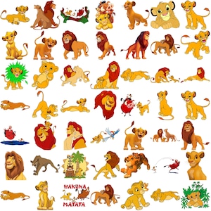 May include: A collection of cartoon lion illustrations in various poses and sizes. The lions are primarily yellow and brown, with some featuring red manes. Some illustrations include additional characters and the phrase "Hakuna Matata".