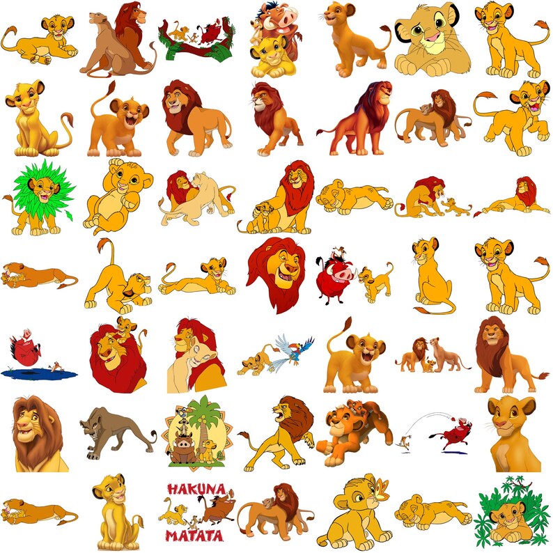 May include: A collection of cartoon lion illustrations in various poses and sizes. The lions are primarily yellow and brown, with some featuring red manes. Some illustrations include additional characters and the phrase "Hakuna Matata".