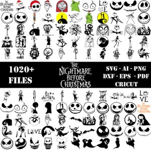 May include: A collection of 1020+ black and white vector images featuring characters and scenes from the movie The Nightmare Before Christmas. The images include Jack Skellington, Sally, Oogie Boogie, Zero, and more. The text "SVG - AI - PNG, DXF - EPS - PDF, CRICUT" is also included in the image.