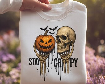 Stay Creepy Halloween SVG PNG, Skeleton Hands Pumpkin Skull Design, Gothic Horror Digital Download