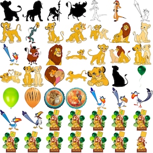 May include: A collection of various Lion King themed images. Includes cartoon illustrations of Simba, Nala, Timon, Pumbaa, Zazu, and other characters. Also features balloons, cake toppers, and silhouettes in yellow, orange, green, and blue.