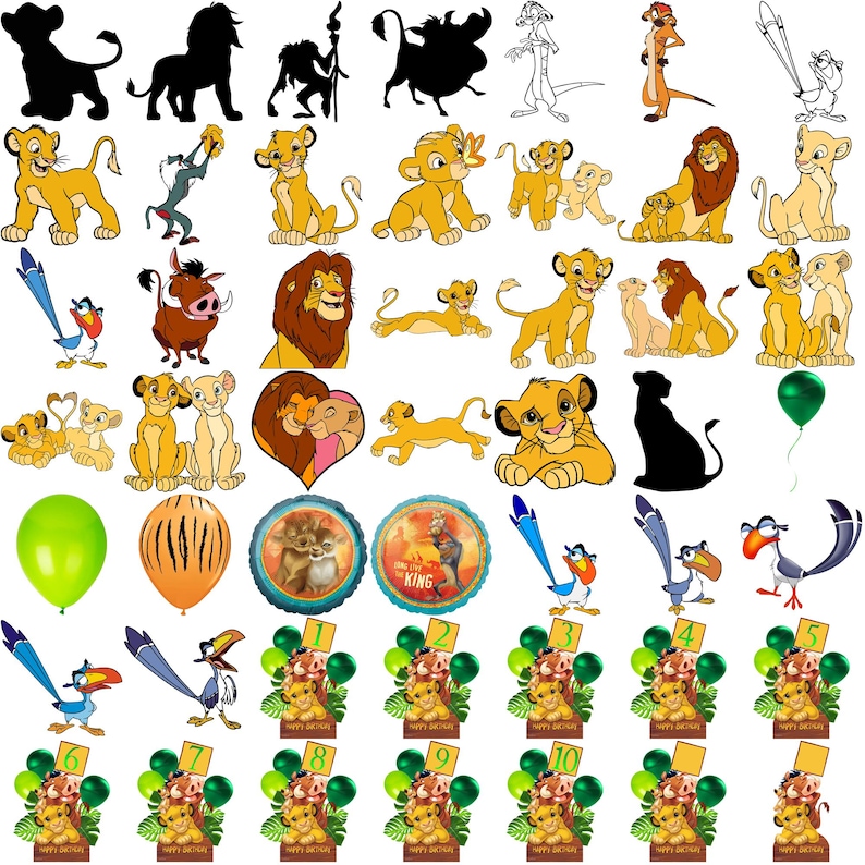 May include: A collection of various Lion King themed images. Includes cartoon illustrations of Simba, Nala, Timon, Pumbaa, Zazu, and other characters. Also features balloons, cake toppers, and silhouettes in yellow, orange, green, and blue.