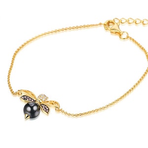 18K Gold Plated S925 Sterling Silver Honey Bee Adjustable Charm Bracelet With Fine Ceramic