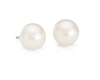 S925 Sterling Silver Natural Cultured Freshwater Pearl Grade AAAA Round Ear Studs Earrings, Round 9-9.5mm