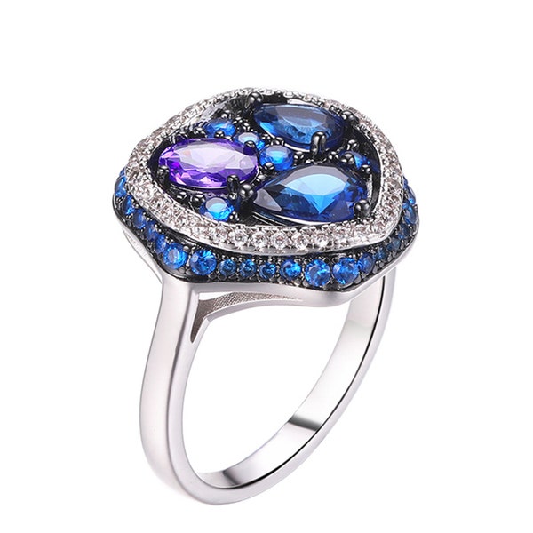 Star Night Blue And Purple Gemstone 925 Sterling Silver Rings In Black Rhodium-Plated Settings