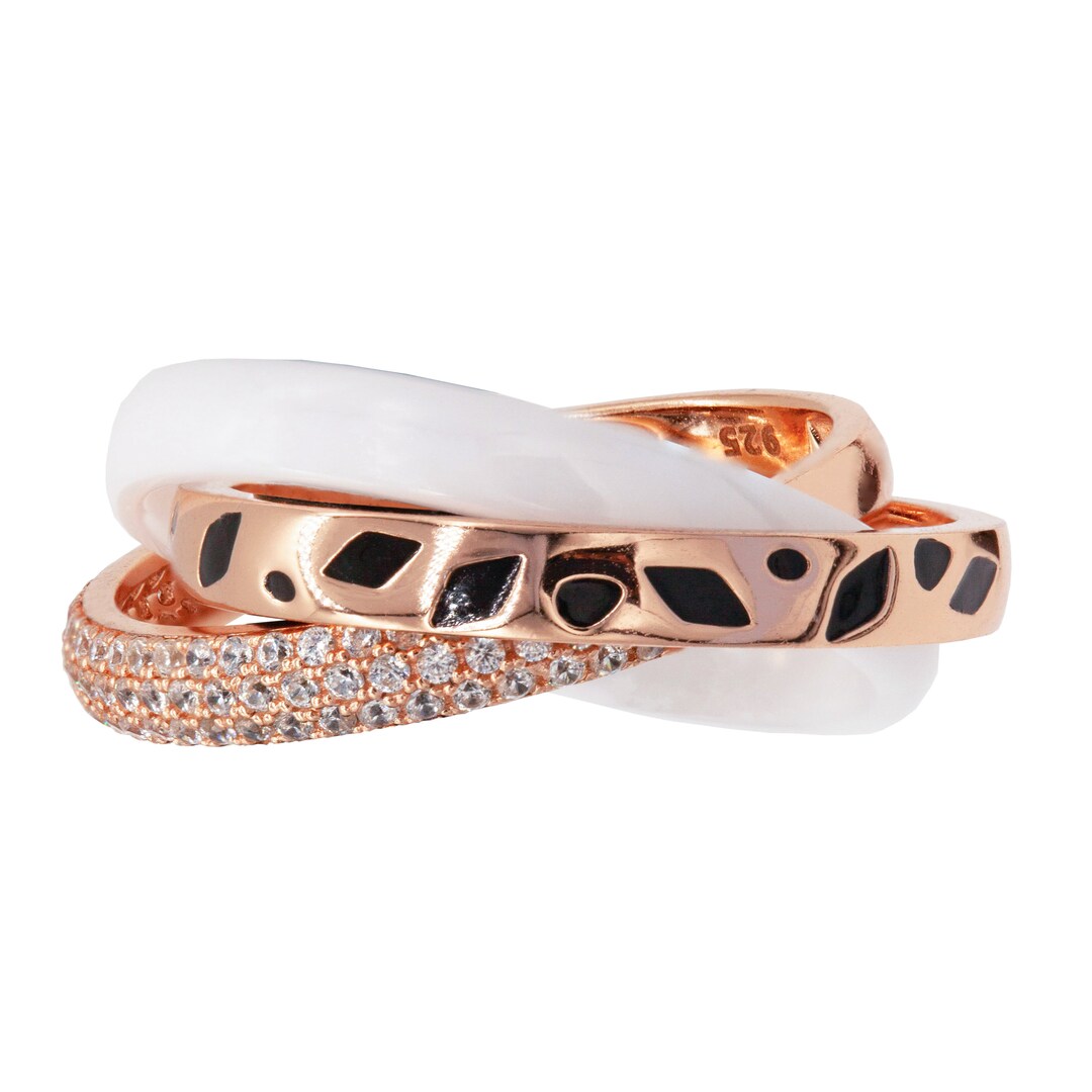 Rose Gold Sterling Silver Interlocking Rolling Rings, Ceramic Accent, 3 ...