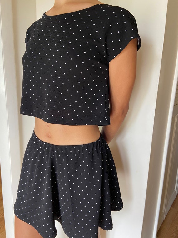 White Crop Top and Polka Dots Skirt Set