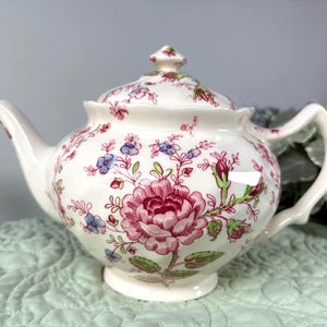 May include: A cream-colored ceramic teapot featuring a floral pattern with large pink roses, small blue flowers, and green leaves. The teapot has a curved spout, a matching lid with a small knob handle, and a sturdy handle on the side.