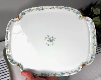 Antique Haviland Limoges Dresser Tray: Blue Floral Porcelain Vanity Display