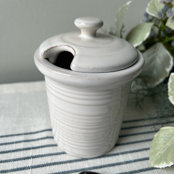 Crate & Barrel Farmhouse Jam or “Honey Pot” Sugar Bowl White Stoneware