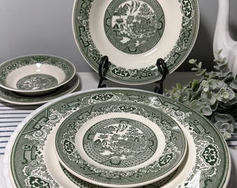 Green Old Willow Ware USA Plates Bowls Vintage Christmas Dishes Holiday Green and White Transferware Etsy