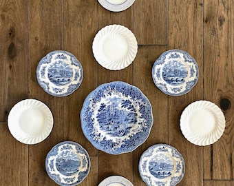 Vintage Blue White English Plates: Gallery Wall Display ~ Meakin - Johnson Bros - Mason’s