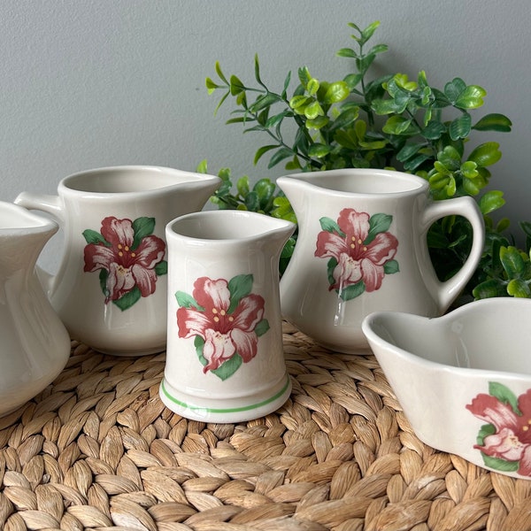 Vintage Greenbrier Creamers and  Sugar Dorothy Draper Pink and Green Homer Laughlin Pottery Rhododendron Flowers Restaurant Ware