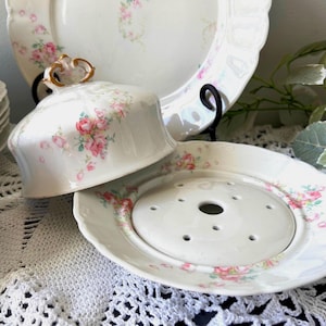 Antique Limoges Covered Butter Dish ~ 3 Piece Guerin Pink & Teal Green Floral Victorian ~ Grandmillenial ~ Made in France