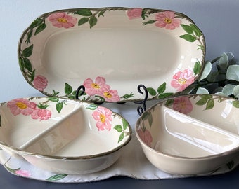 Franciscan Desert Rose Large 14.5” Long Platter and Divided Serving Dish Bowls Pink and Green Flowers Made in USA & England CottageCore