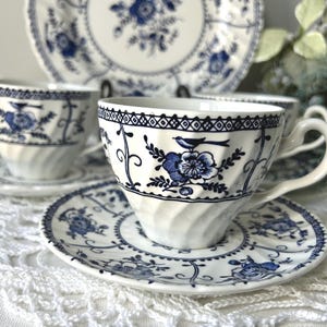 Johnson Brothers Sets INDIES Teacups ~ 4 Blue and White Cups with Saucers ~ Blue Transferware Made in England ~ Blue and White Display