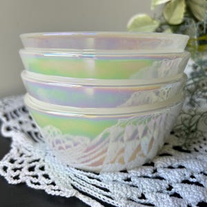 Rare Iridescent White “Moonglow” Bowls by Fire King & Federal Glass ~ MidCentury Small Glass Cereal Bowl Shell Pearl Lustre Milk Glass