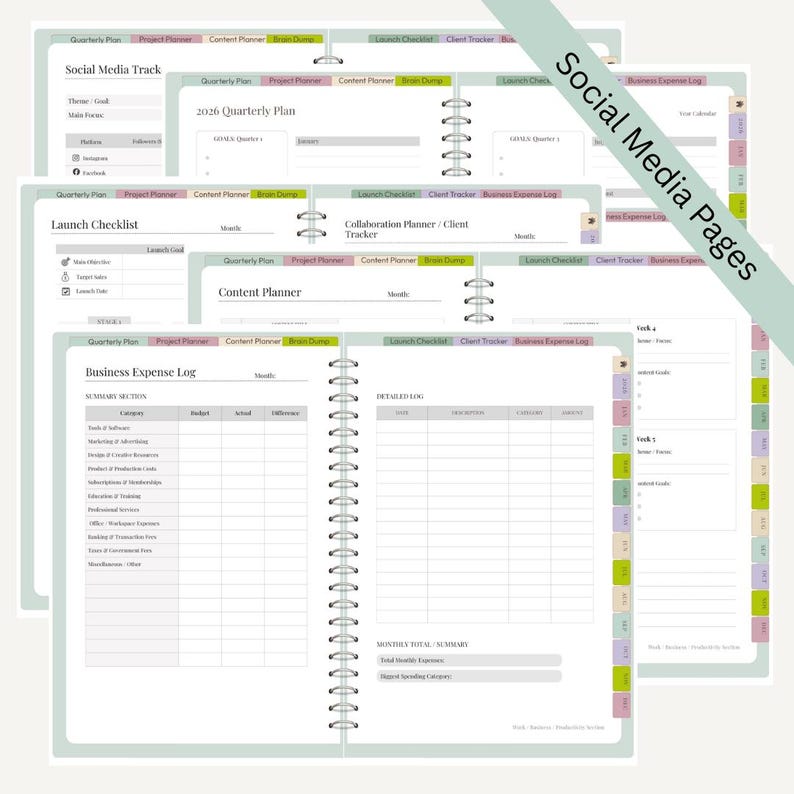 K&ouml;nnte beinhalten: Ein Spiralplaner mit verschiedenen Abschnitten, darunter ein Social-Media-Track, eine Start-Checkliste und ein Gesch&auml;ftsausgabenprotokoll. Die Seiten haben einen hellgr&uuml;nen Rand und sind mit Titeln wie "2026 Quartalsplan" und "Content Planner" versehen.