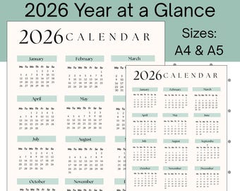 Kalender 2026 zum Ausdrucken | Jahresübersicht | A4 A5-Größe | Druckbare Planer Seiten