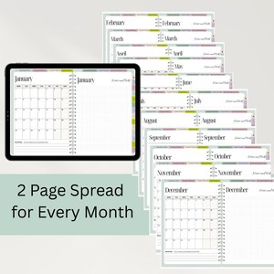 K&ouml;nnte beinhalten: Digitaler Planer mit einem schwarzen Tablet, das eine Januar-Kalenderseite anzeigt. Zus&auml;tzliche Seiten zeigen Kalender f&uuml;r Februar bis Dezember. Text lautet "2 Page Spread for Every Month".