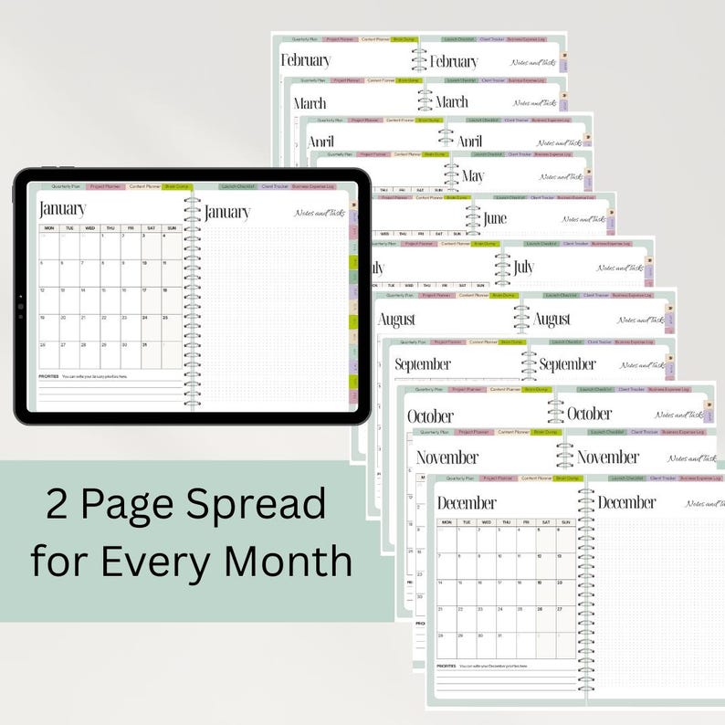 K&ouml;nnte beinhalten: Digitaler Planer mit einem schwarzen Tablet, das eine Januar-Kalenderseite anzeigt. Zus&auml;tzliche Seiten zeigen Kalender f&uuml;r Februar bis Dezember. Text lautet "2 Page Spread for Every Month".