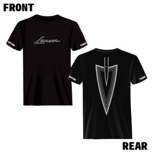 May include: Black t-shirt with white text on the front that says "Lancer" and white text on the sleeves that says "Nation" and "Touge". The back of the shirt has a white graphic of a stylized arrow.