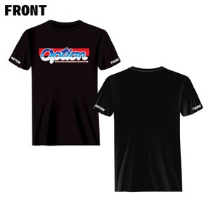 May include: Black t-shirt with a red, blue, and white "Option" graphic on the front. The sleeves have white text that says "Nation" on the left and "Touge" on the right.