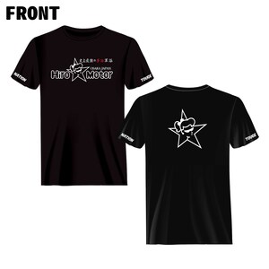 May include: Black t-shirt with white text and graphic on the front. The text reads "Hiro Motor" with a star and a small figure. The back of the shirt has a white star with a small figure inside. The sleeves have the words "Nation" and "Touge" printed on them.