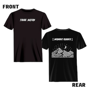 May include: Black t-shirt with white text "Touge Nation" on the front and a white graphic of mountains, a crescent moon, and stars on the back with the text "Midnight Runner" in Japanese characters.