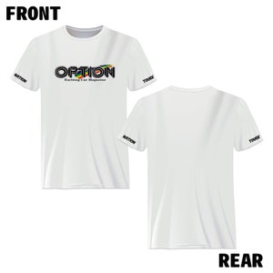 May include: White t-shirt with a black and rainbow logo that says "OPTION Exciting Car Magazine". The sleeves have black text that says "NATION" and "TOUGE".