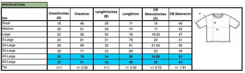 May include: Size chart for a t-shirt with measurements in inches and centimeters. The chart shows the size, chest measurement, length, and sleeve length for sizes small to 5X-large.