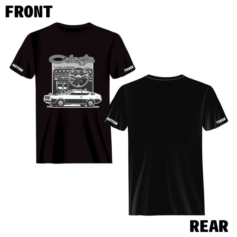 May include: Black t-shirt with a white graphic of a car and the word "Celeste" on the front. The sleeves have the words "Nation" and "Touge" printed on them.