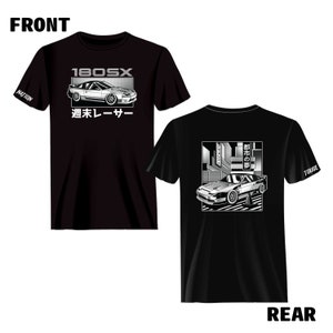 May include: Black t-shirt with a white graphic of a silver 180SX car on the front. The text "180SX" and "峠レーサー" is printed in white on the front. The back of the shirt features a white graphic of the same car driving through a city street with the text "峠の走り" printed in white.