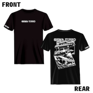 May include: Black t-shirt with white text "SIGMA TURBO" on the front and a graphic of three cars on the back. The back of the shirt also has the text "SIGMA TURBO" and the words "NATION" and "TOUGE" on the sleeves.