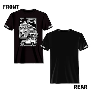 Op de afbeelding: Zwart T-shirt met een witte afbeelding van een vintage FJ40 Land Cruiser voor een berg. De tekst "FJ40" staat op de afbeelding. De mouwen hebben de tekst "NATION" en "TOUGH" erop gedrukt.