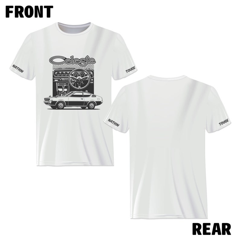 May include: White t-shirt with a black and white illustration of a car and the word "Celeste" on the front. The sleeves have the words "Nation" and "Touge" printed on them.