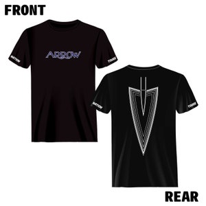 May include: Black t-shirt with a white graphic of an arrow on the front and a white graphic of a stylized arrow on the back. The sleeves have the words "NATION" and "TOUGE" printed on them.