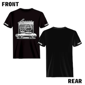May include: Black t-shirt with a white graphic of a car, a steering wheel, and the word "Lancer". The sleeves have the words "Nation" and "Touge" printed on them.