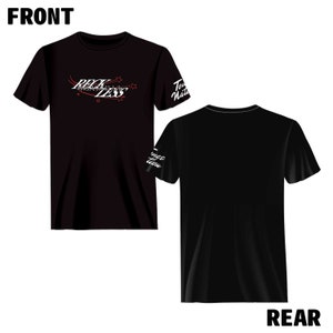 May include: Black t-shirt with the word "RECKLESS" in a stylized font with red accents and stars. The sleeve has the text "Tour Nation". The back of the shirt is plain black. The word "FRONT" is at the top and "REAR" at the bottom.