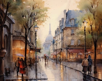 Paris watercolor, Paris art, Paris Scene Print, vertical print, Downloadable Print, PRINTABLE Wall Art, Vintage style painting / 016