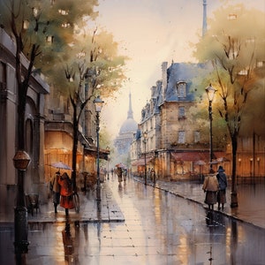 May include: A watercolour painting depicting a Parisian street scene with a church visible in the distance. The street is wet from rain and people are walking under umbrellas. The buildings are old and have a classic European style.