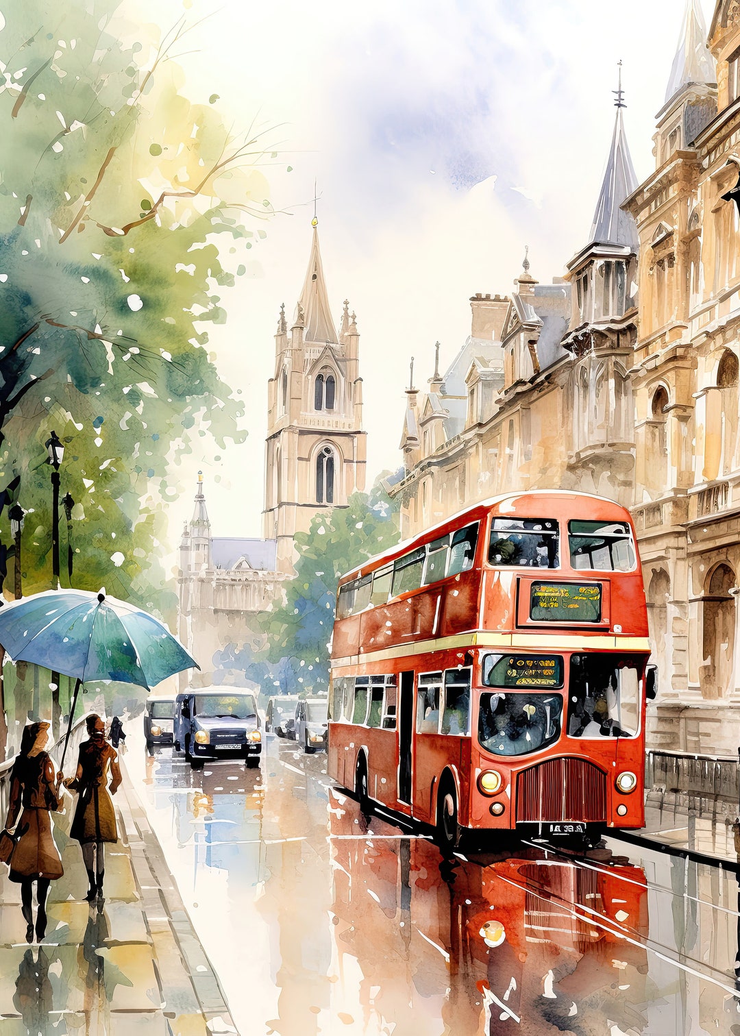 London Watercolor, London Art, London Scene, Downloadable Print, Printable Wall Art, Vintage