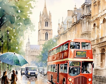 ロンドンの水彩画、ロンドンのアート、ロンドンの風景、ダウンロード可能なプリント、印刷可能な壁アート、ヴィンテージの水彩画 / 006
