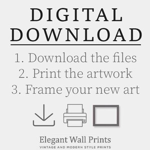 May include: Digital download instructions for printable wall art. The instructions include downloading files, printing the artwork, and framing the art. Icons for download, printing, and framing are included.