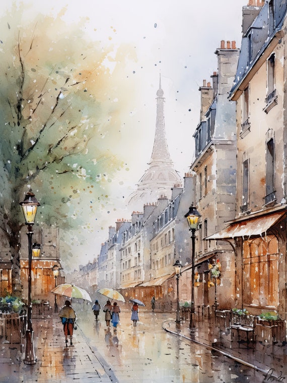 Paris watercolor,  Paris Scene, Paris art, Paris painting, Downloadable Print, PRINTABLE Wall Art, Vintage watercolor / 017